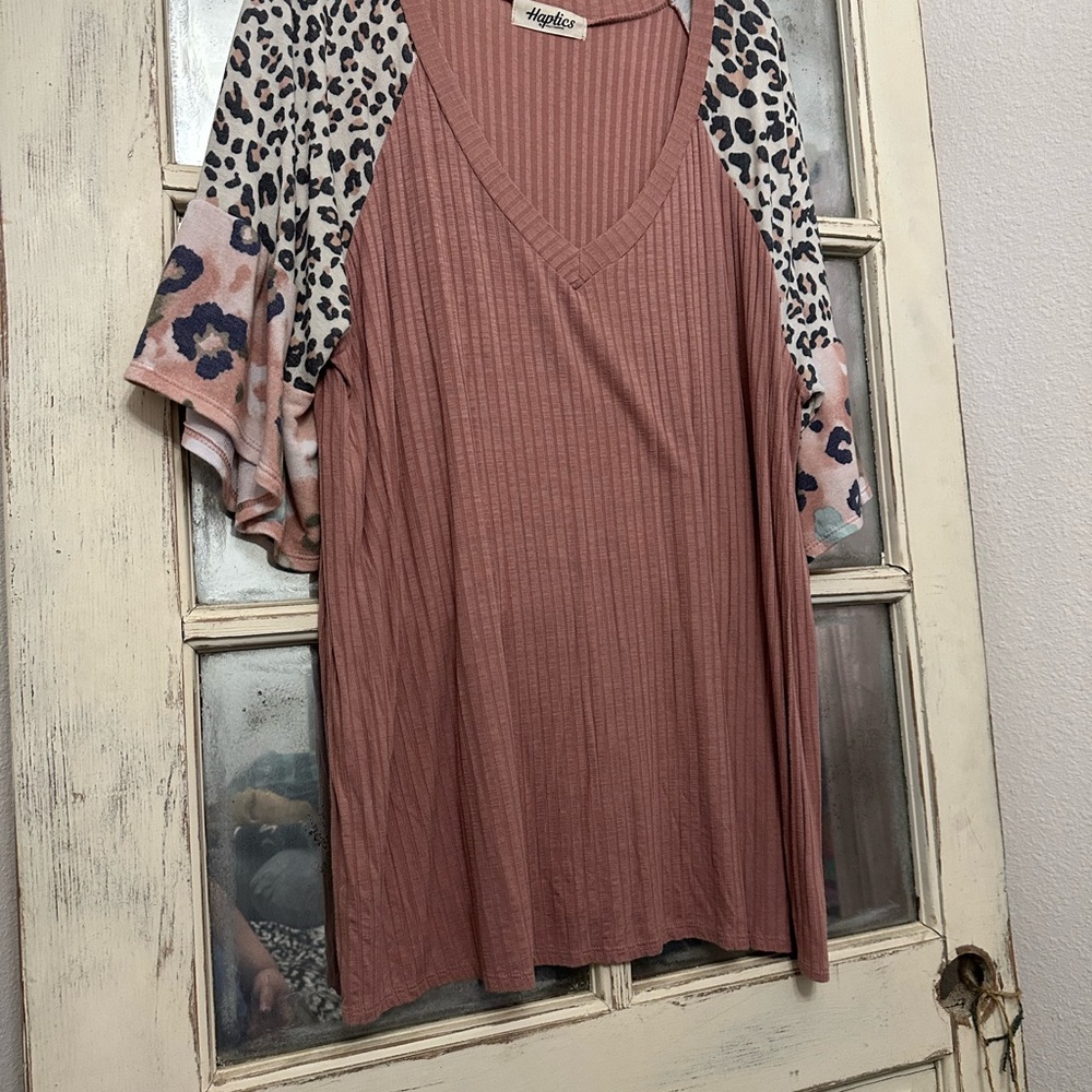 Pink Ribbed Relaxed Short Sleeve Blouse